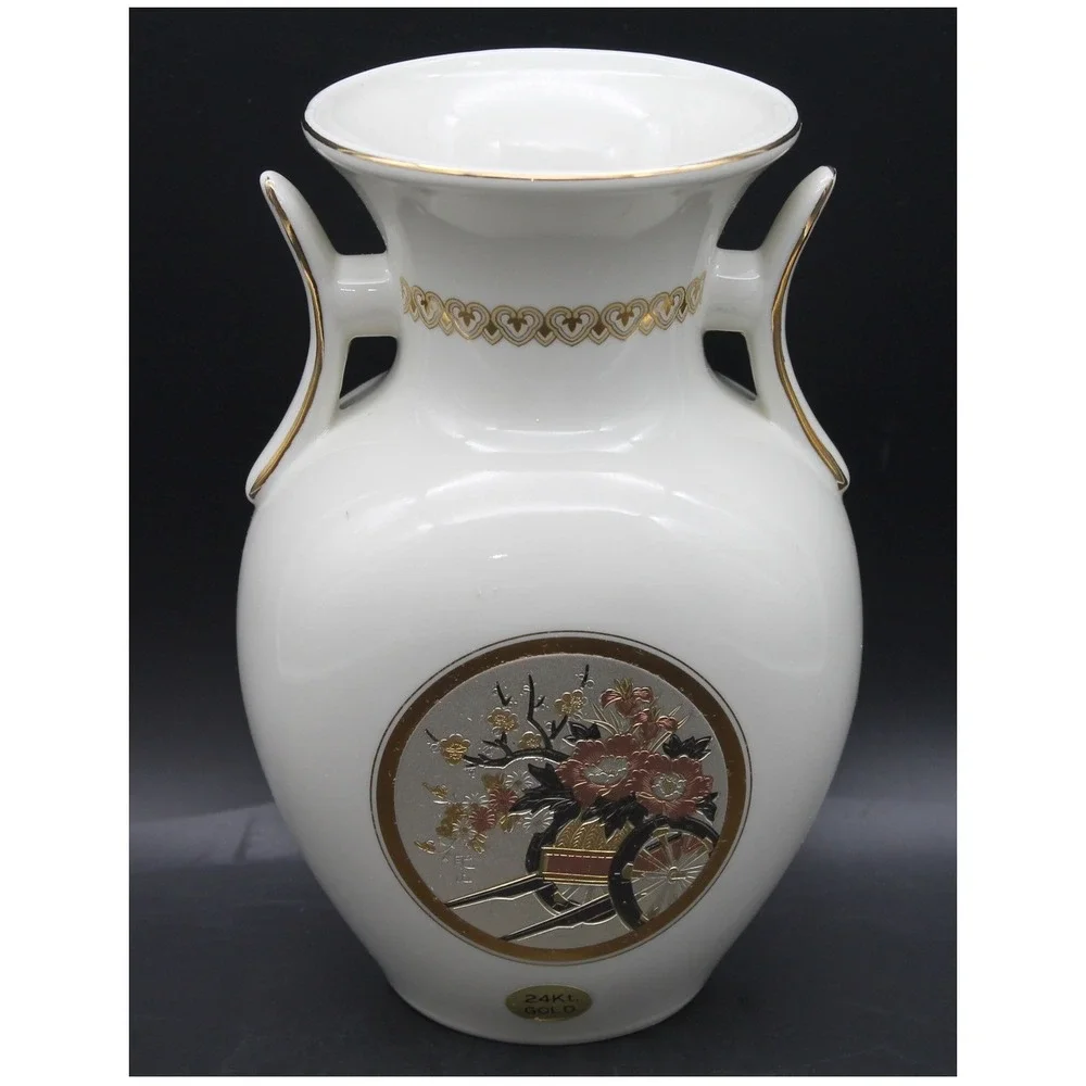 Vintage Japanese Chokin Porcelain Vase 24K Gold Floral Cart 8.5